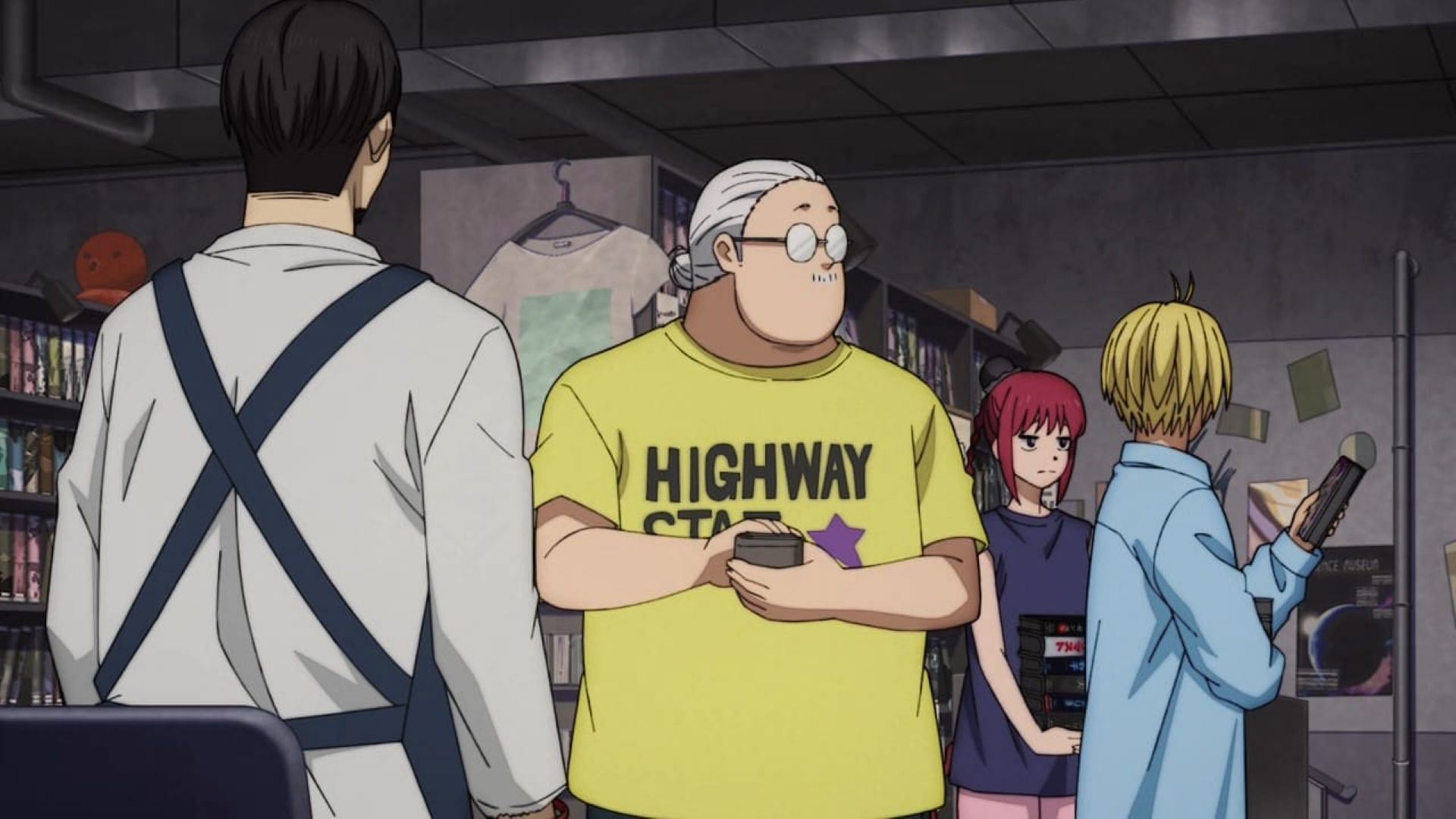 Sakamoto and his friends at the rental shop (Image via TMS Entertainment)